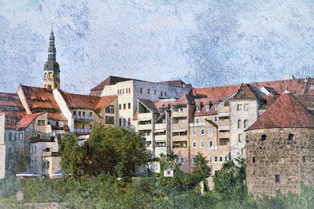 Bautzen, Germany - Old Town skyline. Grungy style retro image.の写真素材