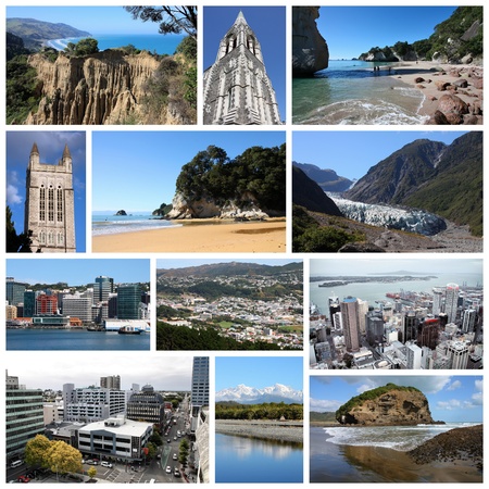 New Zealand tourism attractions - travel photo collage with Auckland, Wellington, Christchurch, beaches and mountains.の写真素材