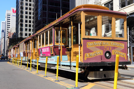 SAN FRANCISCO, USA - APRIL 9, 2014: Historic cable car in San Francisco, USA. Famous SF streetcars began operation in 1878.のeditorial素材