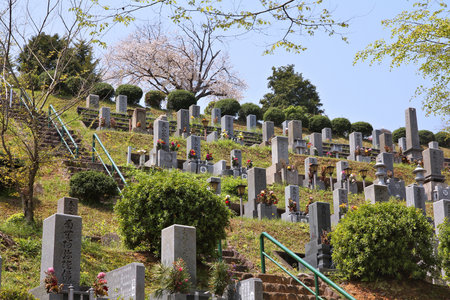 HIMEJI, JAPAN - APRIL 23, 2012: Nagoyama Cemetery in Himeji, Japan. Nagoyama is the largest cemetery in the city of Himeji. More than 110,000 soldiers are buried here.のeditorial素材
