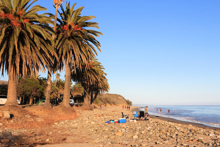 REFUGIO STATE BEACH, USA - APRIL 6, 2014: People visit Refugio State Beach near Santa Barbara, California. California State Park system manages 280 properties including state beaches.のeditorial素材