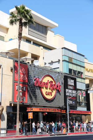 LOS ANGELES, USA - APRIL 5, 2014: People visit Hard Rock Cafe in Hollywood. As of 2015 there are 191 Hard Rock locations around the world.のeditorial素材