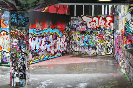 LONDON, UK - MAY 14, 2012: Legal graffiti art in London. Legal graffiti and skate area in Southbank...