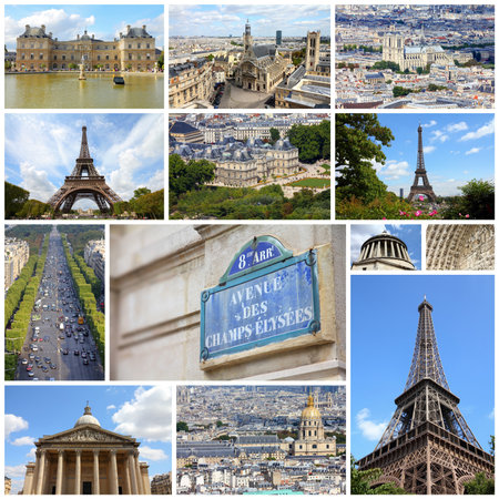 Paris, France - travel photo collage with Pantheon, Luxembourg Palace and Eiffel Tower.のeditorial素材