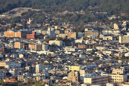 Kyoto, Japan - cityscape. Aerial view in sunset light.