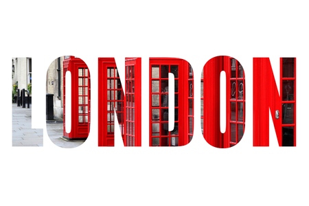 London UK - city name word with photo in background. Isolated on white.の写真素材