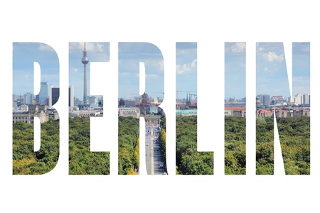 Berlin, Germany - city name word with photo in background. Isolated on white.の写真素材