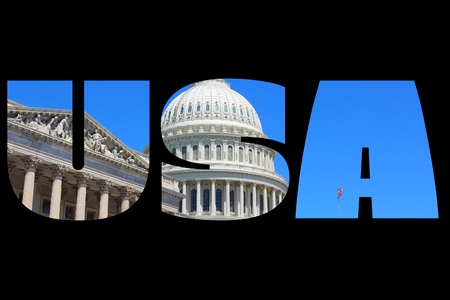 USA sign - United States country name with background photo of Capitol (Washington DC).の写真素材