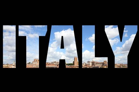 Italy - country name sign with Rome photo in background. Isolated on black.の写真素材