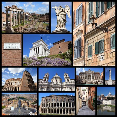 Rome, Italy - travel photos collage with Roman Forum, Vatican, Colosseum and Trevi Fountain.の写真素材