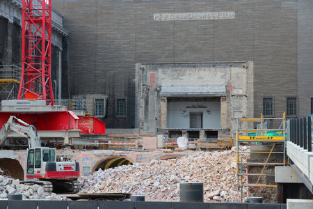 BERLIN, GERMANY - AUGUST 25, 2014: Construction works at Pergamon Museum in Berlin. The Museum Island in Berlin undergoes renovation. The works will last until 2019.のeditorial素材