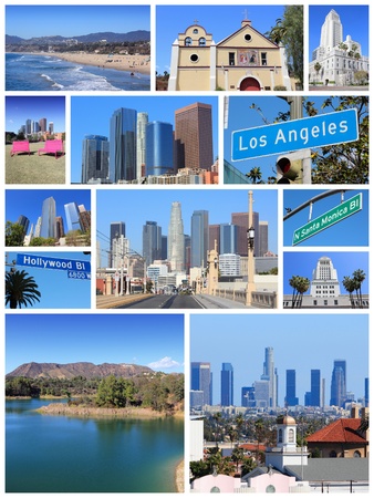 Los Angeles photo collage with skylines, Hollywood and Santa Monica beach.の写真素材