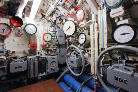 LABOE, GERMANY - AUGUST 30, 2014: Interior of German submarine U-995 (museum ship) in Laboe. It is the only surviving Type VII submarine in the world. It was launched in 1943.のeditorial素材