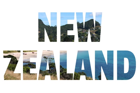 New Zealand - country name sign with photo in background. Isolated on white.の写真素材
