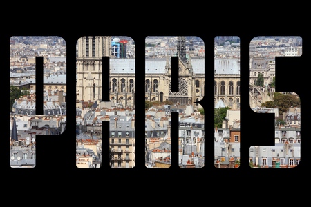 Paris, France - city name sign with photo in background. Isolated on black.の写真素材