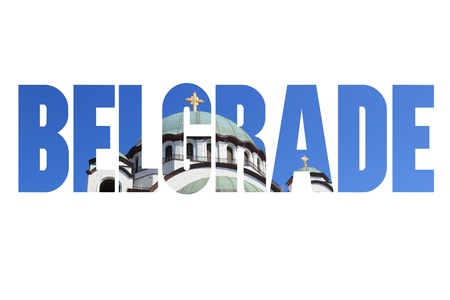 Belgrade, Serbia - city name sign with photo in background. Isolated on white.の写真素材