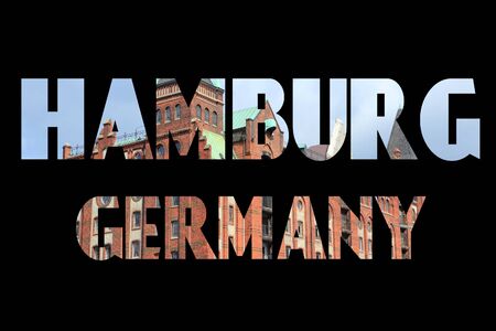 Hamburg, Germany - city name sign with photo in background. Isolated on black.