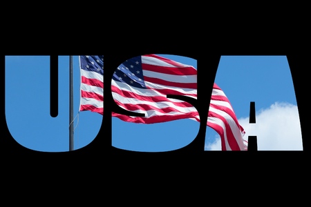 USA sign - United States country name with background photo.の写真素材