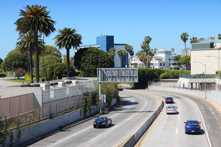 SANTA MONICA, UNITED STATES - APRIL 6, 2014: People drive Interstate 10 highway in Santa Monica,...