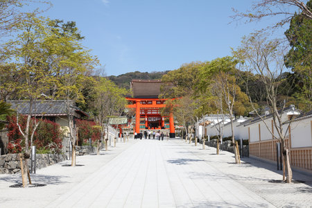 KYOTO, JAPAN - APRIL 18, 2012: Tourists visit Fushimi Inari shrine in Kyoto, Japan. Old Kyoto is a UNESCO World Heritage site and was visited by almost 1 million foreign tourists in 2010.のeditorial素材