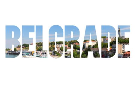 Belgrade, Serbia - city name sign with photo in background. Isolated on white.の写真素材