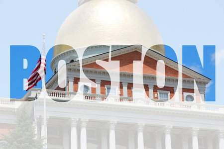 Boston, United States - postcard style sign. City name word.のeditorial素材