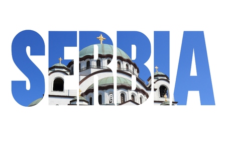 Serbia sign - country name with background travel photo. Text isolated on white.の写真素材