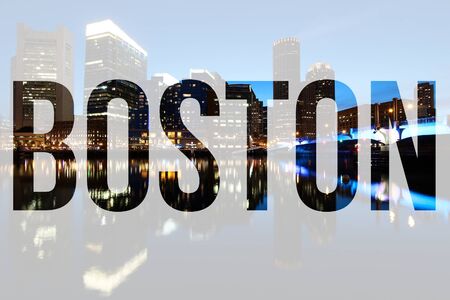 Boston, USA - city name sign with background photo.の写真素材