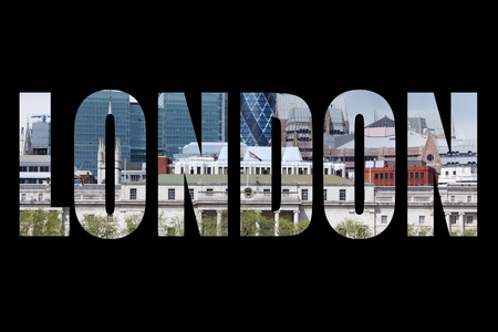 London UK - city name word with photo in background. Isolated on black.の写真素材