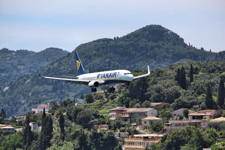 CORFU, GREECE - JUNE 5, 2016: Ryanair Boeing 737-800 arrives at Corfu International Airport, Greece. Ryanair is one of largest operators of Boeing 737 with fleet of 354 aircraft.のeditorial素材