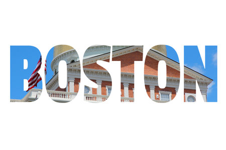 Boston, United States - postcard style sign. City name word.のeditorial素材