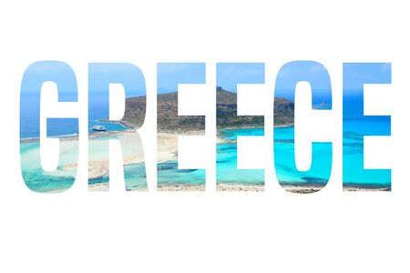 Greece word - country name with background travel postcard photo.の写真素材