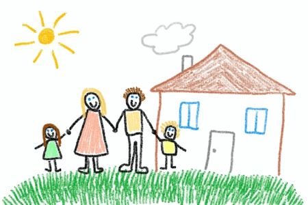Family and new home - crayon drawing simple style child's illustration.の写真素材