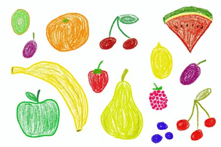 Fruit set - crayon drawing simple style child's illustration.の写真素材