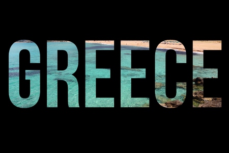 Greece sign - country name with background travel photo.の写真素材