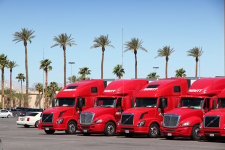 LAS VEGAS, USA - APRIL 14, 2014: Averitt semi trucks parked in Las Vegas, Nevada. Averitt Express is a privately owned US transportation group with over 100 facilities in 18 states.のeditorial素材