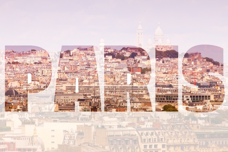 Paris, France - city name sign with photo in background.の写真素材