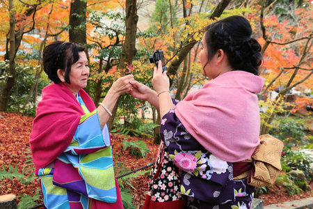 KYOTO, JAPAN - NOVEMBER 24, 2016: Women in kimono take photos with autumn leaves of maple (momiji) in Kyoto, Japan. Autumn leaves admiration (koyo) is an important tradition of Japanese culture.のeditorial素材