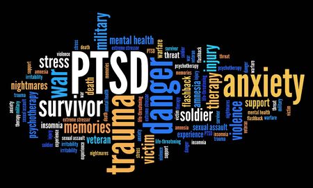 PTSD - post traumatic stress disorder. War veteran mental health issue. Word cloud sign.の写真素材