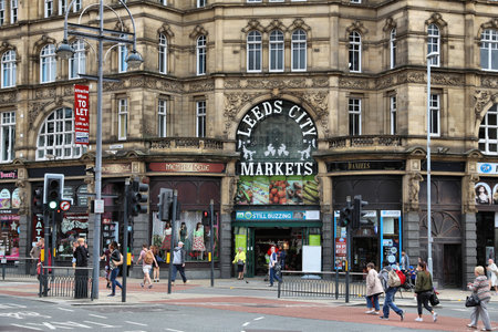 LEEDS, UK - JULY 12, 2016: People visit Leeds City Markets in the UK. Leeds urban area has 1.78 million population.のeditorial素材