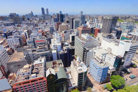 NAGOYA, JAPAN - APRIL 28, 2012: Aerial view of modern city in Nagoya, Japan. Nagoya is the 4th largest city in Japan with population of 2.28 million.のeditorial素材