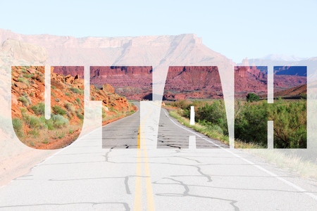 Utah sign - US state name with background landscape.の写真素材