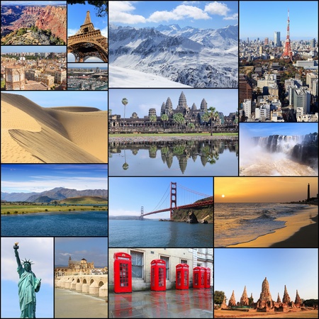 Collection of world travel places - photo collage with Paris, New York, Grand Canyon, Tokyo, London, California, Spain and New Zealand.の写真素材