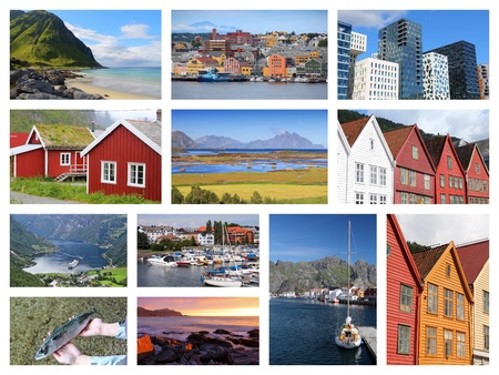 Norway collage postcard - travel image collection with fiords, Oslo, Bergen, Kristiansund and Lofoten islands.の写真素材