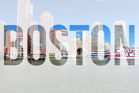 Boston, USA - city name sign with background photo.の写真素材