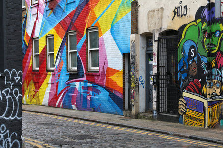 LONDON, UK - JULY 9, 2016: Street art mural of Shoreditch district in London, UK. Shoreditch is noted for its multiple urban artworks.のeditorial素材