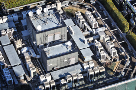 Industrial air conditioning technology - skyscraper rooftop view in Tokyo, Japan.のeditorial素材