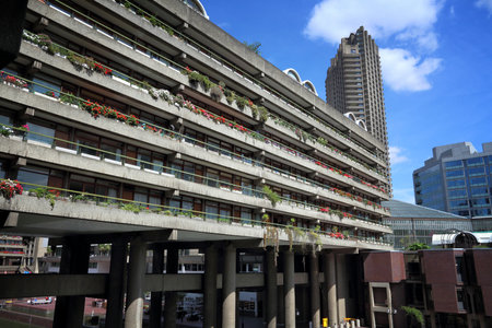 LONDON, UK - JULY 6, 2016: Barbican Estate in the City of London. The brutalist style residential estate was built in 1960s and '70s.のeditorial素材
