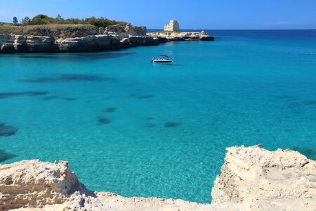 Salento coast in Italy. Roca Vecchia in Apulia region.の写真素材