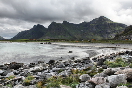 Skagsanden Beach landscape in rainy weather. Lofoten islands, Norway.の写真素材